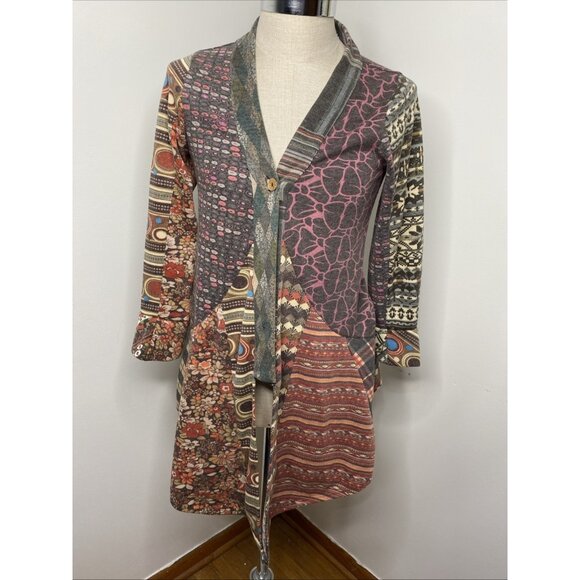 Sacred Threads Cardigan Womens M Open Front Boho Artsy Mixed Prints Asymmetrical - Picture 1 of 8